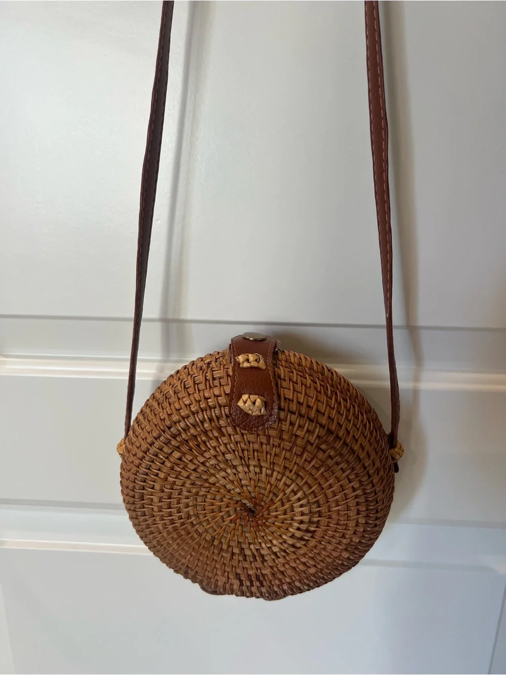 Round Rattan Woven Crossbody Bag in Brown